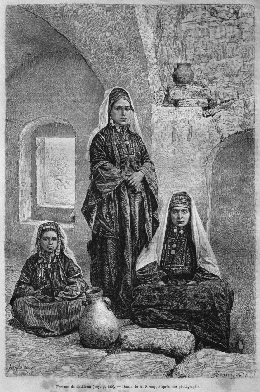 Kobiety z Betlejem, z dzisiejszej Syrii. Podróżuje po Fenicji, Libanie i Judei. 1875-1880 Louis Charles Emile Lortet, 1884 (bw grawerowanie) autorstwa French School