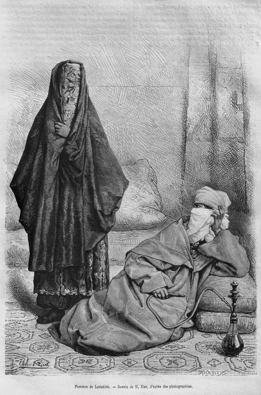 Kobiety z Latakii, z dzisiejszej Syrii. Podróżuje po Fenicji, Libanie i Judei. 1875-1880 Louis Charles Emile Lortet, 1884 (bw grawerowanie) autorstwa French School