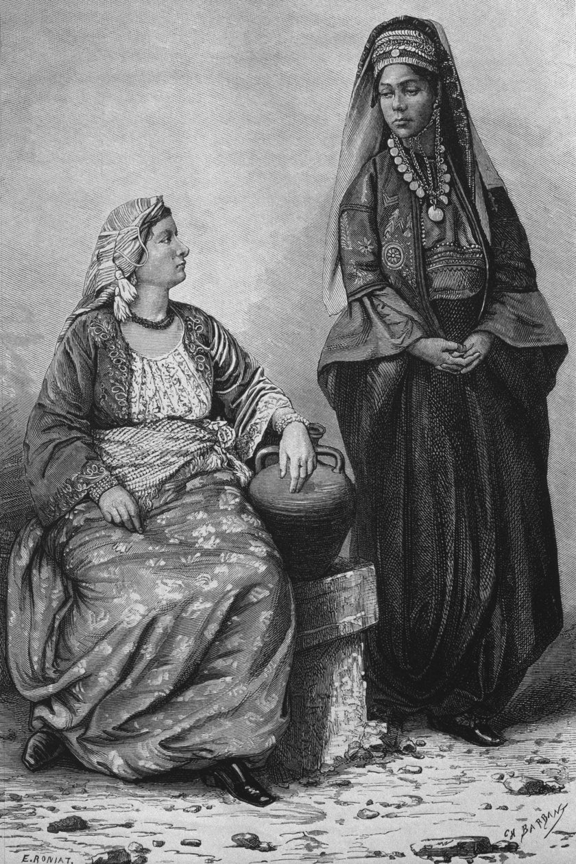 Kobiety z Trypolisu, z dzisiejszej Syrii. Podróżuje po Fenicji, Libanie i Judei. 1875-1880 Louis Charles Emile Lortet, 1884 (bw grawerowanie) autorstwa French School
