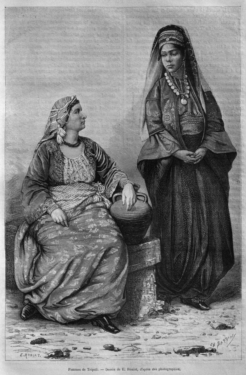 Kobiety z Trypolisu, z dzisiejszej Syrii. Podróżuje po Fenicji, Libanie i Judei. 1875-1880 Louis Charles Emile Lortet, 1884 (bw grawerowanie) autorstwa French School
