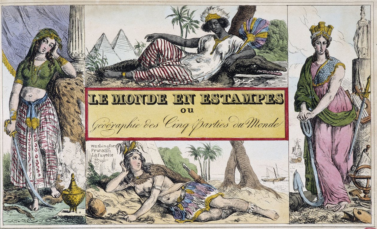Kobiety reprezentujące 4 kontynenty: Afrykę, Europę, Amerykę i Azję – Frontyspis „Le Monde en prints ou Geography des cinq parts du monde” Kawalera de Roujoux autorstwa French School