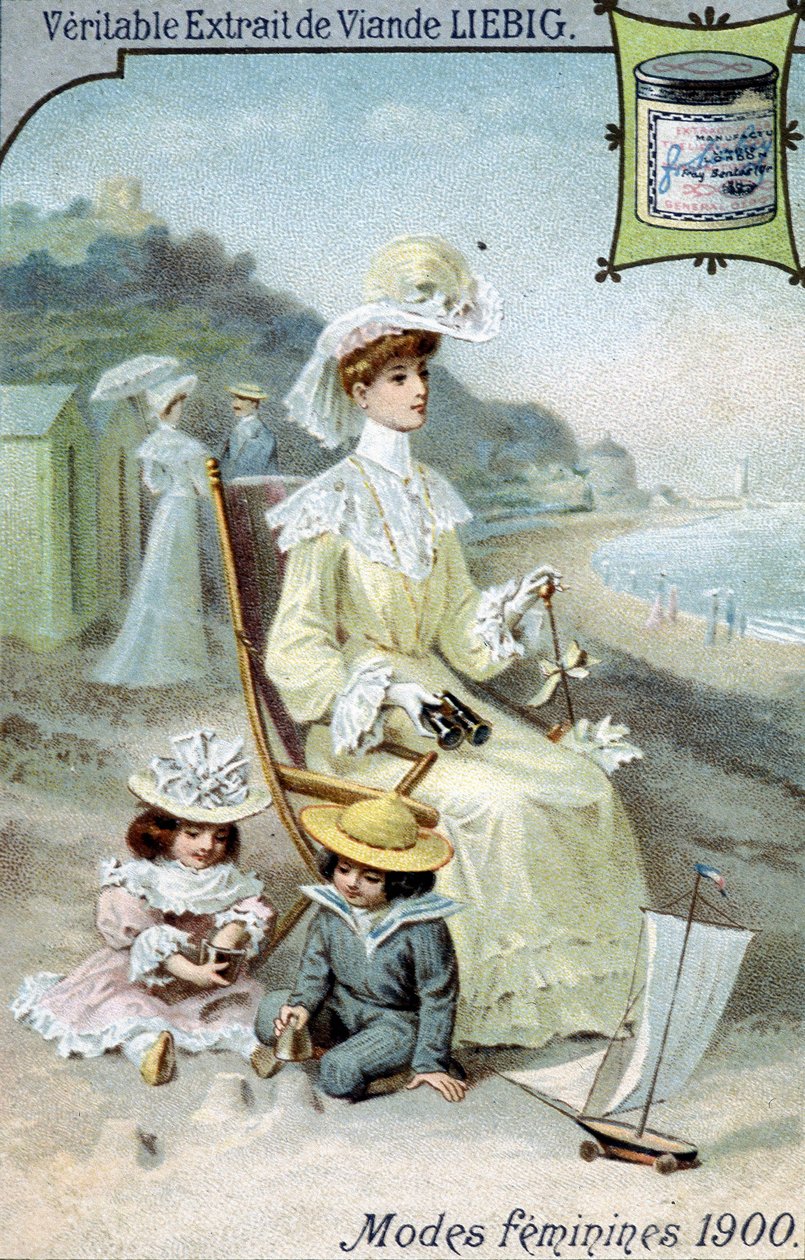 Moda Damska 1900. Kobieta na plaży z dwójką dzieci. Produkty do chromolitografii Liebig. autorstwa French School