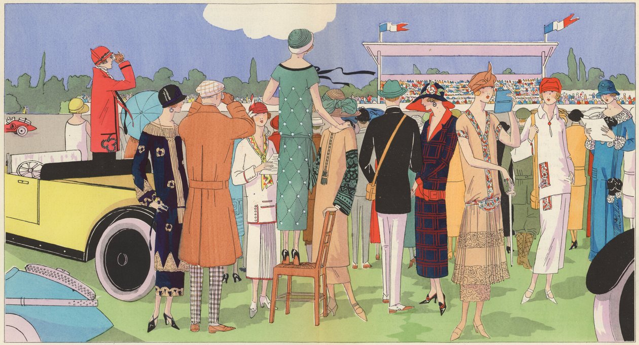 Moda damska na wyścigach projektantów Jeanne Lanvin, Jean Patou, Premet, Georges Doeuillet (kolorowa litografia) autorstwa French School