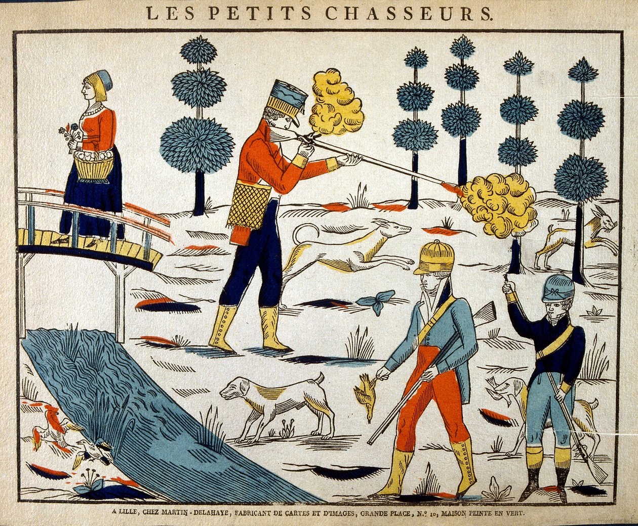 Drzeworytowa ilustracja przedstawiająca francuskie polowanie z początku XIX wieku autorstwa French School
