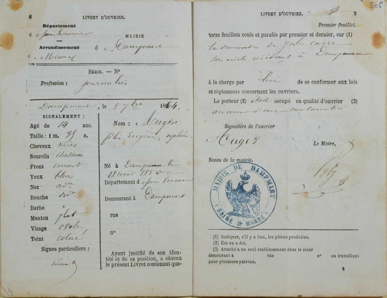 Podręcznik robotniczy wydany przez Mairie z Dampmart Felixowi Augerowi (ur. 1850), 1864 r autorstwa French School