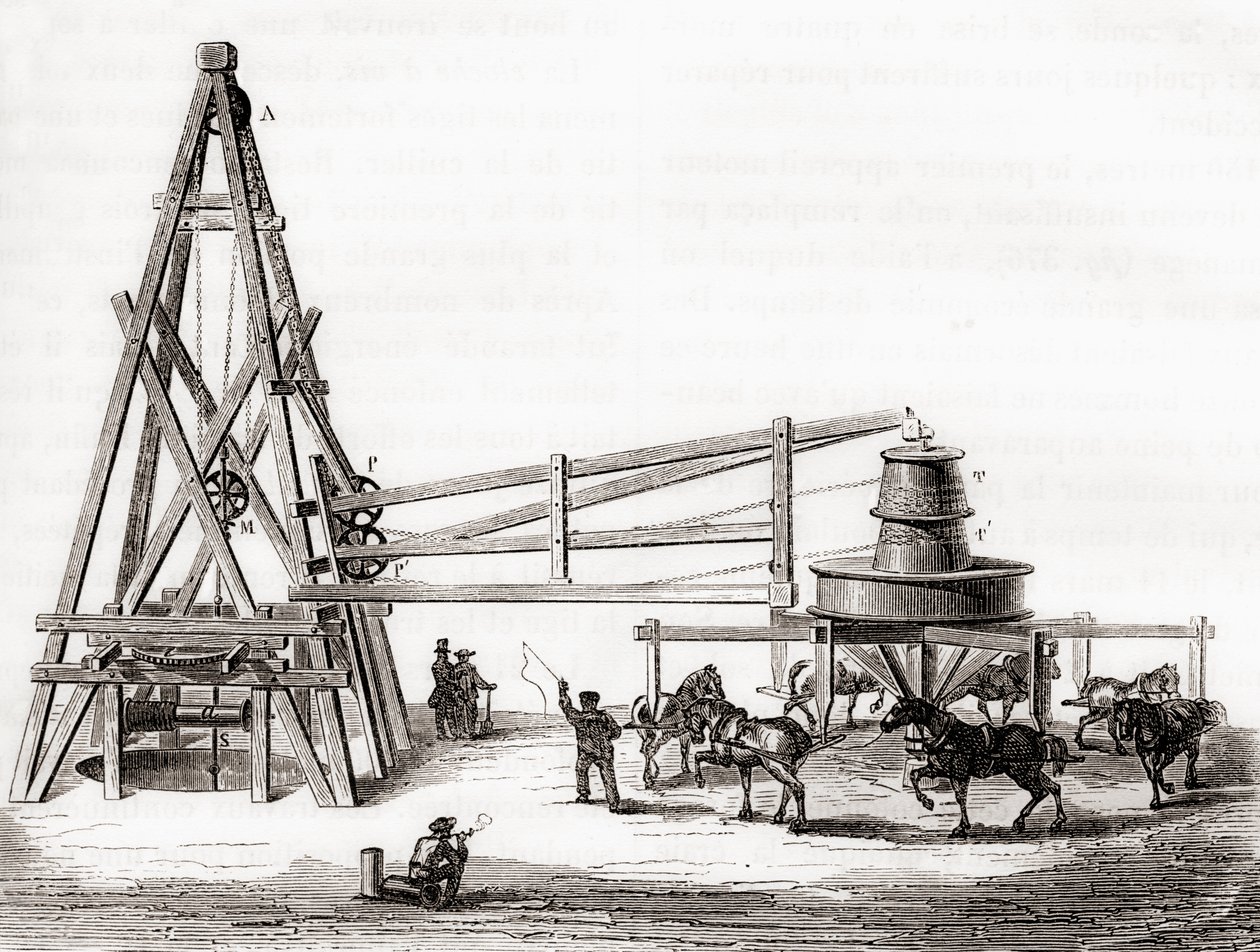 Robotnicy używający karuzeli i wciągarki do wiercenia studni artezyjskich w Grenelle we Francji w XIX wieku, z „Les Merveilles de la Science”, opublikowanej ok. 1870 r. (rycina) autorstwa French School