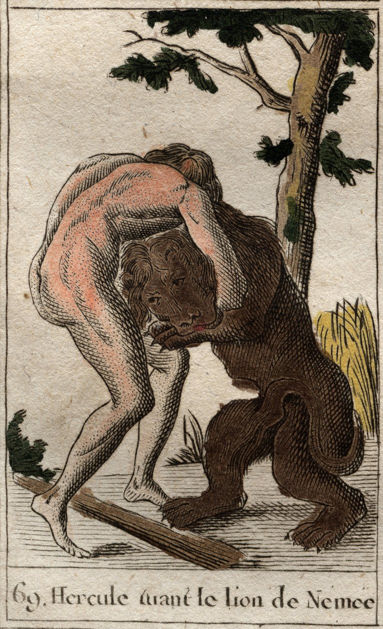 Dzieła Herkulesa: „” Herkules zabija lwa Nemee”” (Pierwsza praca Heraklesa, Herkules zabijający lwa nemejskiego) Z „” Mitologia młodości „” Pierre Blancharda 1803. autorstwa French School