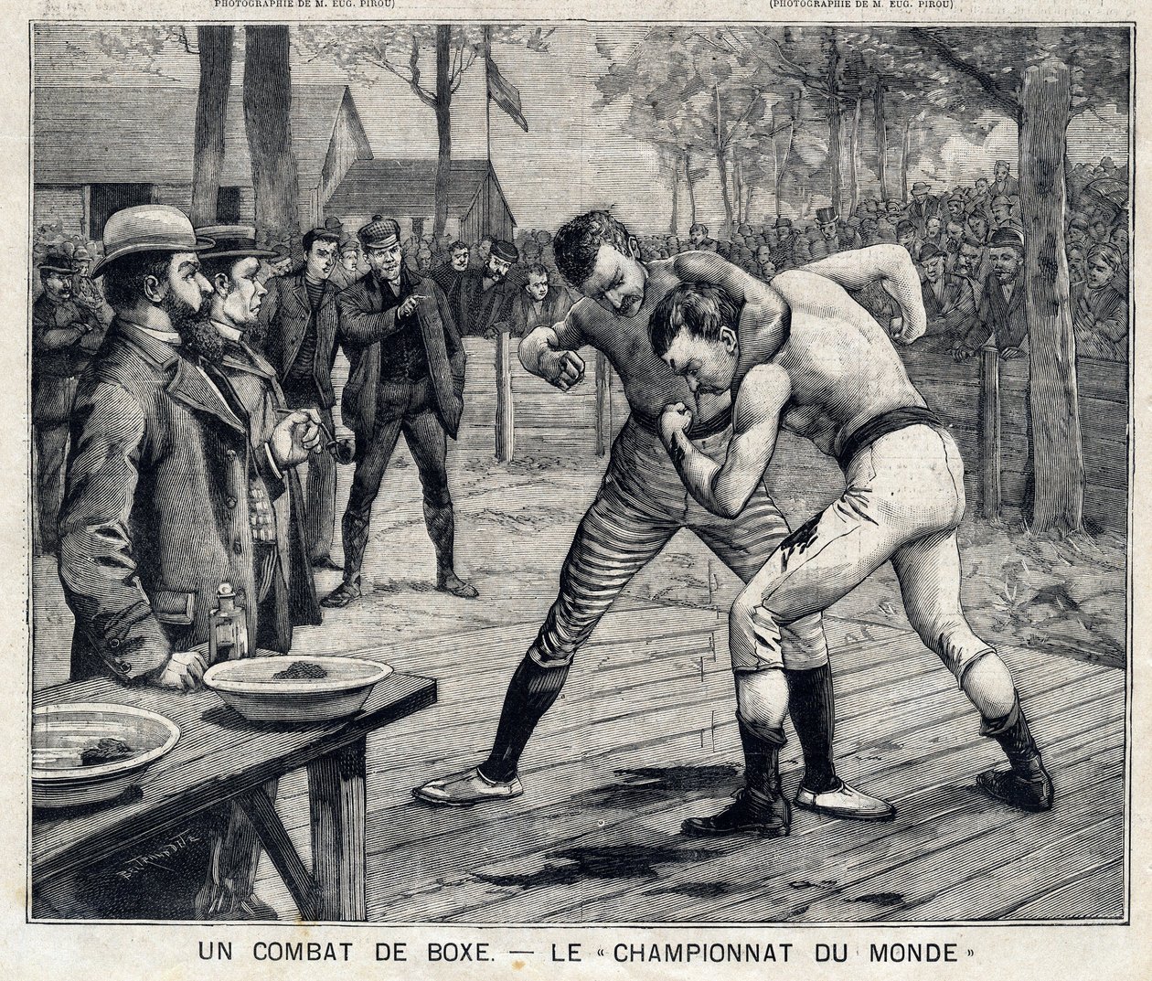 Mistrzostwa Świata: walka bokserska Jima Corbetta i Boba Fitzsimmonsa w Carson, Nevada, Stany Zjednoczone: W „”The Little Parisien”” w dniu 11.04.1897. Prywatna kolekcja autorstwa French School