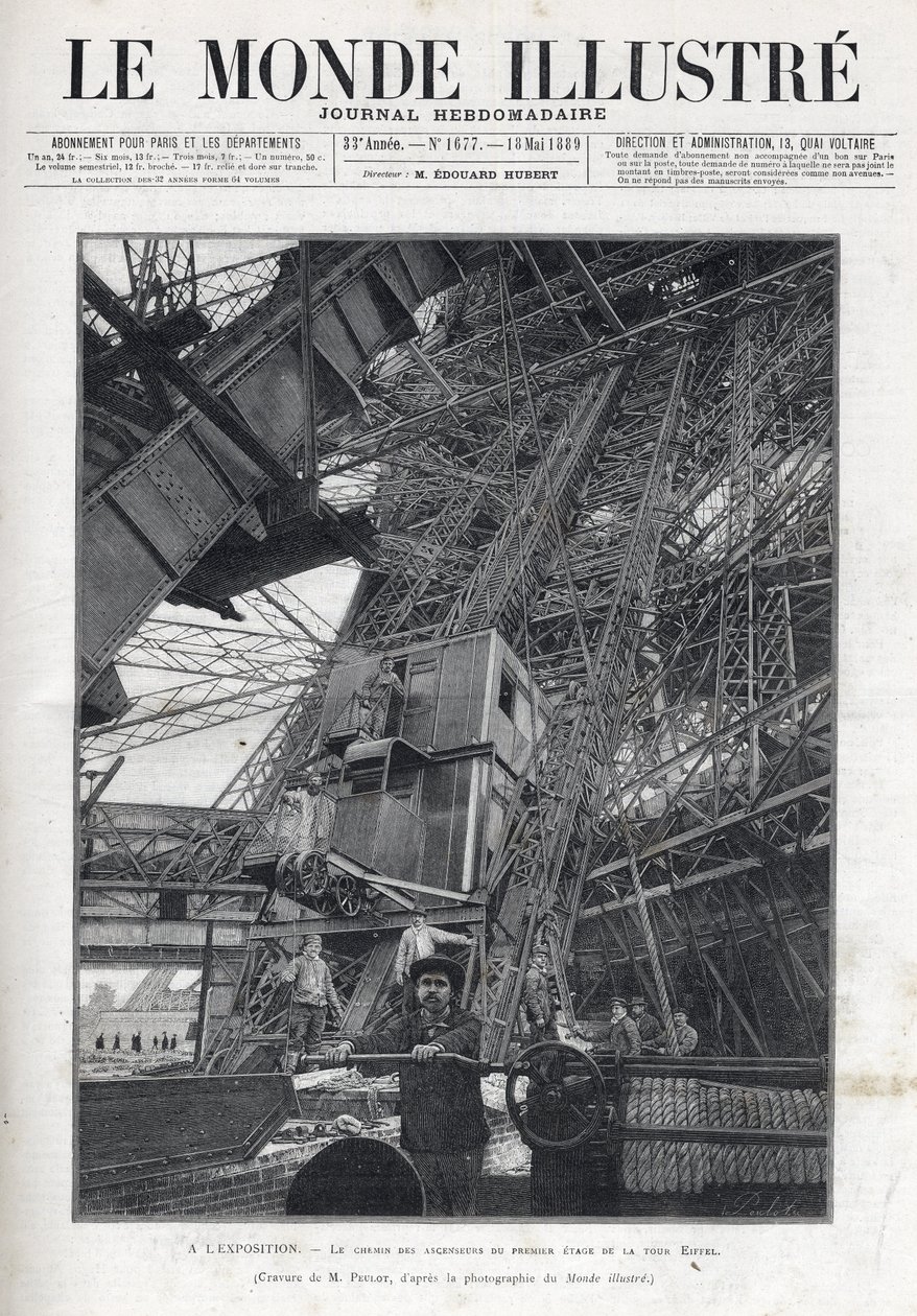 Targi Światowe w Paryżu 1889 - Ścieżka wind na pierwszym piętrze Wieży Eiffla - Wystawa Powszechna w Paryżu 1889 - Ścieżka wind na pierwszym piętrze Wieży Eiffla - Le Monde Illustré z 1889 autorstwa French School