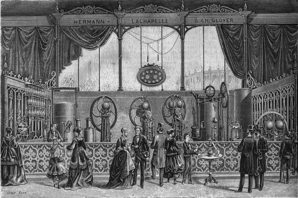Wystawa światowa z 1867 roku: urządzenia gazowe wynalezione przez Hermanna Lachapelle (Hermann-Lachapelle) i Glovera (saturator, gazometr, opryskiwacz, pompa dozująca...). Grawer w „Le Monde Illustré” nr 578 z dnia 9 maja 1868 r. autorstwa French School