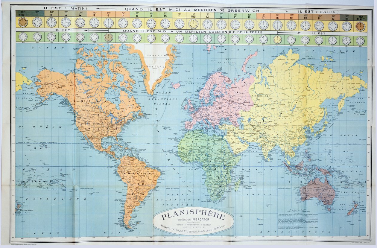 Mapa świata w różnych strefach czasowych, opublikowana przez Blondel La Rougery w Paryżu ok. 1920 r. autorstwa French School