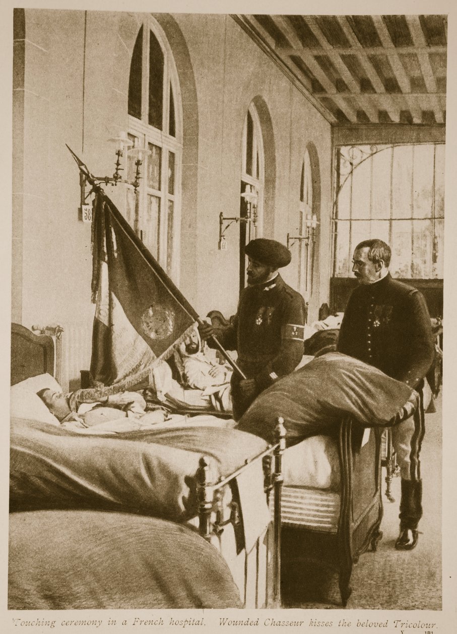 Ranny Chasseur całuje ukochanego Tricolora, 1914-19 autorstwa French School