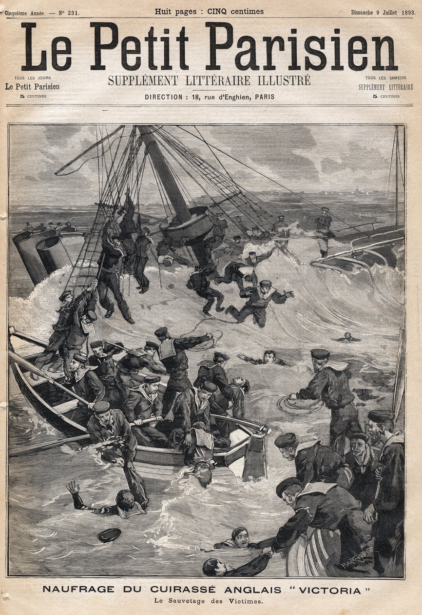 Wrak angielskiej zbroi „Victoria”” po zderzeniu u wybrzeży Syrii i ratowanie ofiar. Jedna z gazet „Le petit Parisien”” w dniu 9.07.1893 (rycina) autorstwa French School