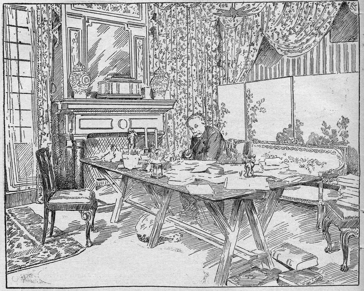 Pisarka Alexandra Dumas Jr. (1824-1895) w swoim gabinecie. Grawer w „La gazette du dimanche” z dnia 12 grudnia 1895 r. autorstwa French School