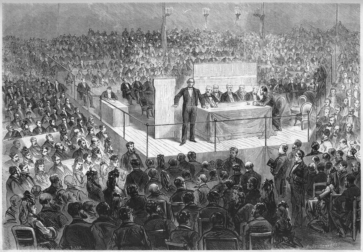 Pisarz Ernest Legouve (1807-1903) przewodniczy „spotkaniu patriotycznemu” zorganizowanemu w celu zebrania funduszy na odkupienie departamentów francuskich okupowanych przez Niemcy od końca wojny 1870 r. Paryż, cyrk na Polach Elizejskich, 25 lutego autorstwa French School