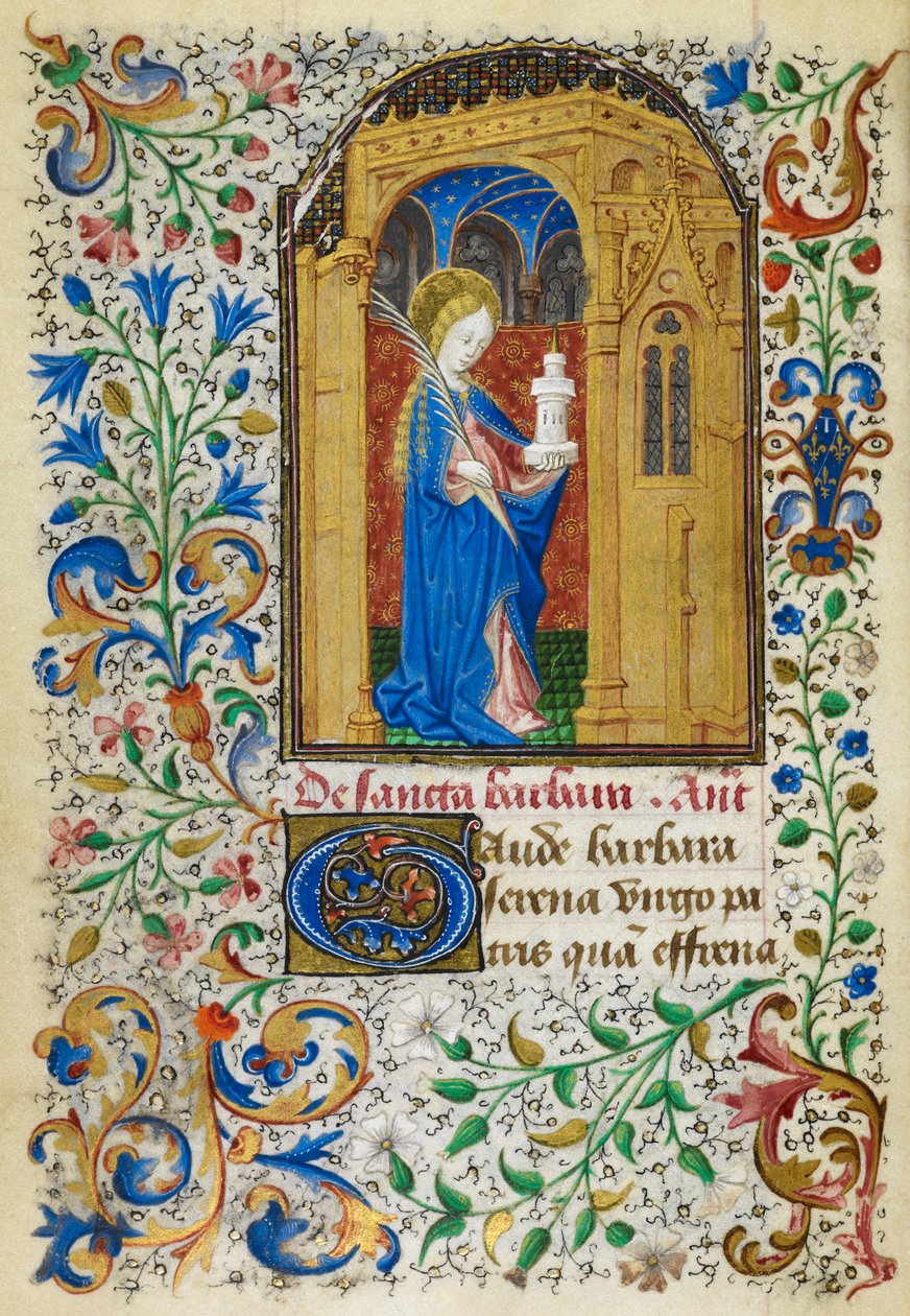 Yates Thompson 3, fol.289v Miniatura św. Barbary pod złotym łukiem, niosąca palmę i jej wieżę, z pełną ramką liściastą, na początku głosowania, z „Godzin Dunois”, ok. 1440-c. 1450 (welum) autorstwa French School
