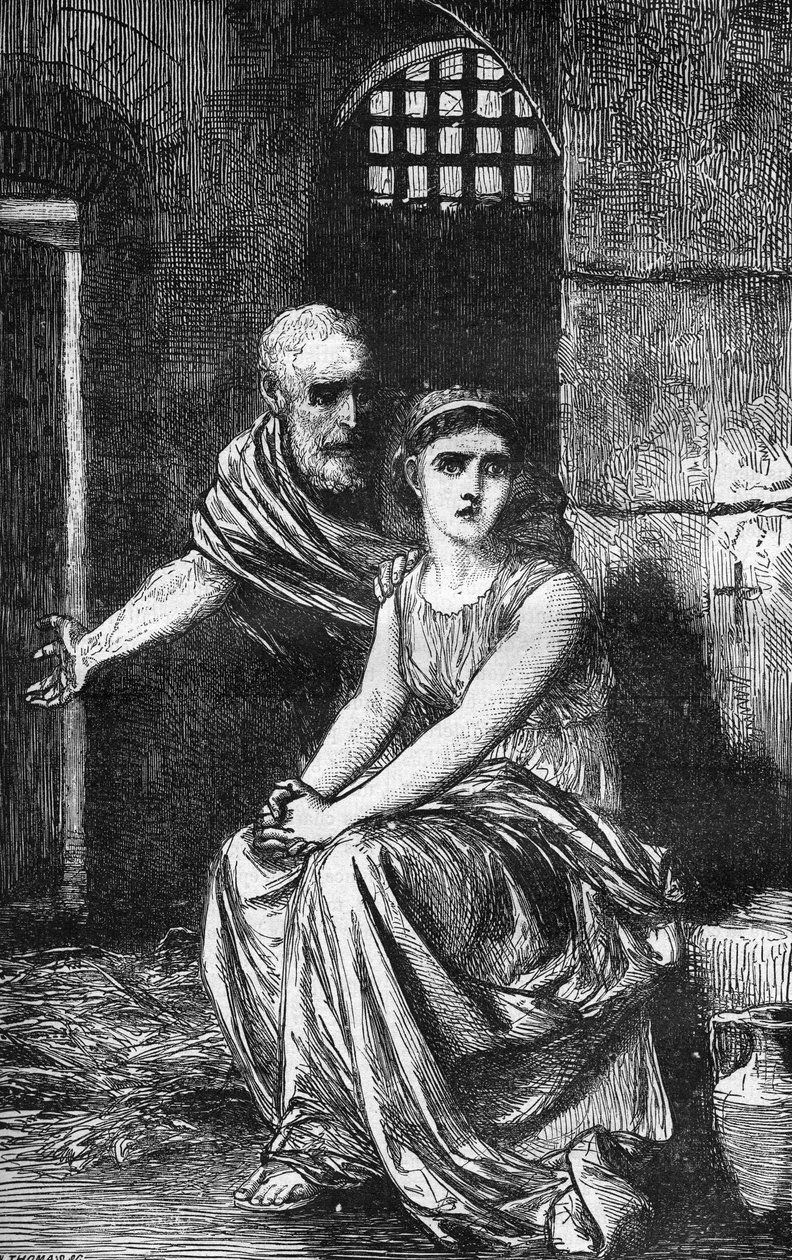 Młoda chrześcijańska dziewica Teodora z Aleksandrii zamknięta w domu rozpusty za odmowę wyrzeczenia się wiary. Grawer w „Historii prostytucji i rozpusty wśród wszystkich narodów świata od starożytności do dnia dzisiejszego” autorstwa dr Th. -F. autorstwa French School