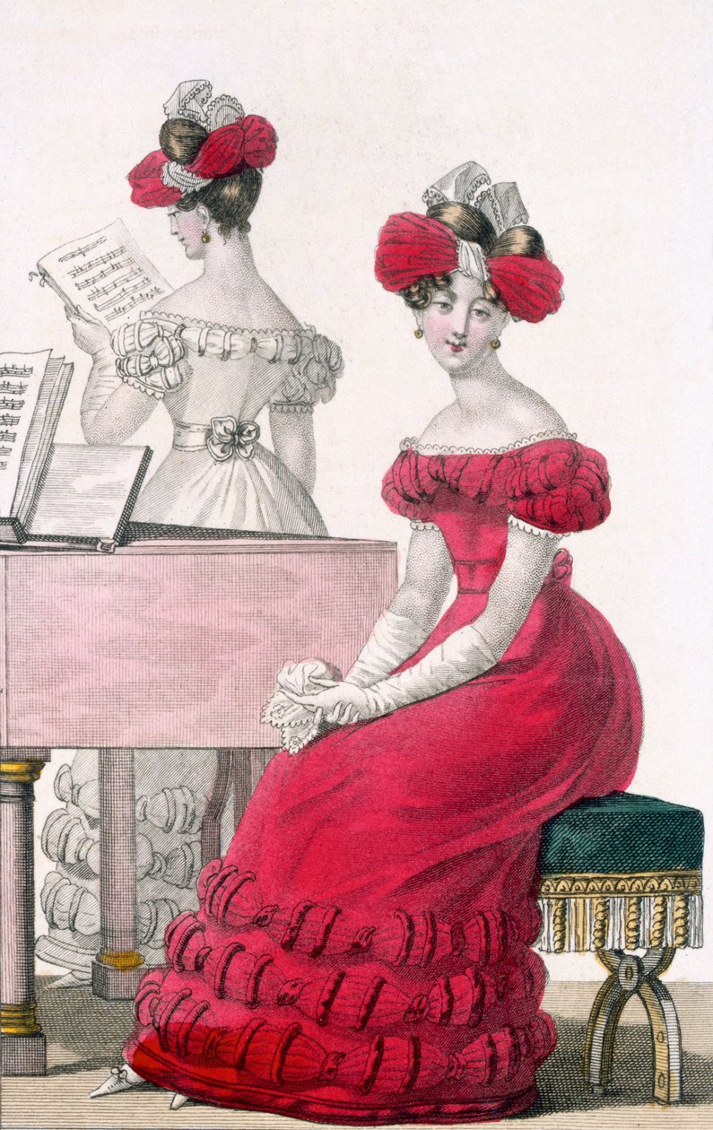 Młoda kobieta w krepowej sukni wieczorowej z wyszukanym nakryciem głowy, reklama w Modes de Paris, ok. 1825 autorstwa French School