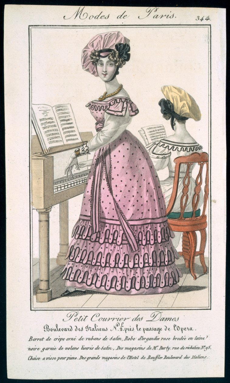 Młoda kobieta w różowej sukience z organdyny obszytej czernią i krepowym berecie z satynowymi wstążkami, reklama z Modes de Paris, ok. 1825 autorstwa French School