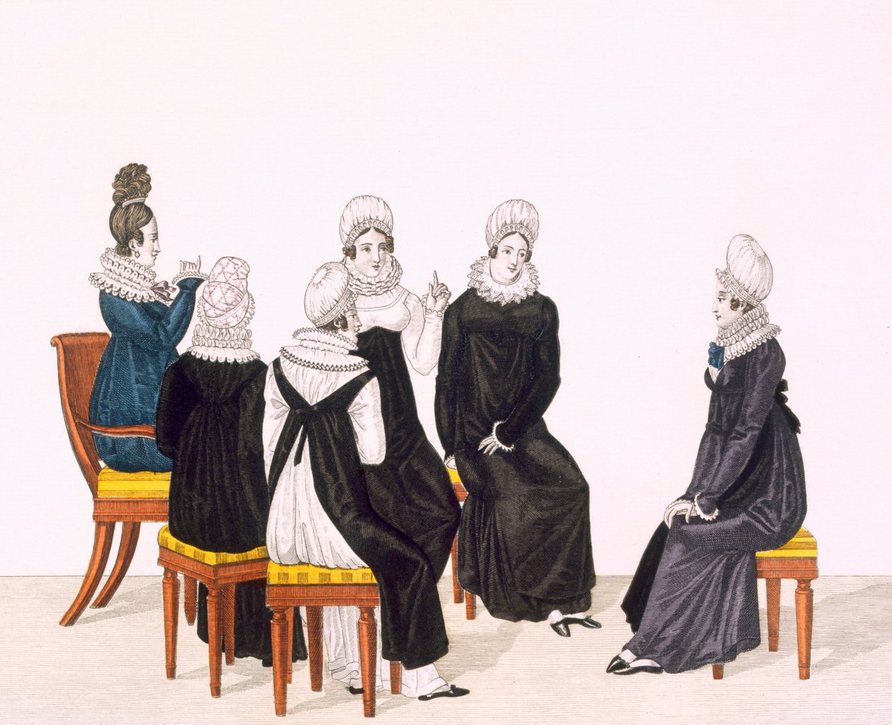 Młode kobiety na czacie, c. 1820 (kolor grawerowany) autorstwa French School