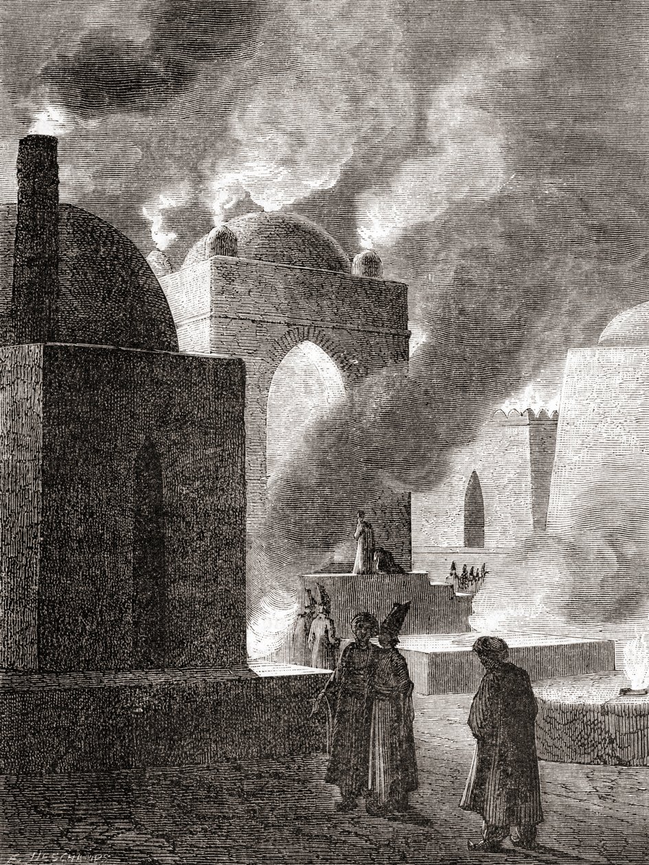 Zoroastriańscy czciciele ognia w Świątyni Ognia w Baku w Azerbejdżanie, z „Les Merveilles de la Science”, opublikowanej ok. 1870 r. (rycina) autorstwa French School