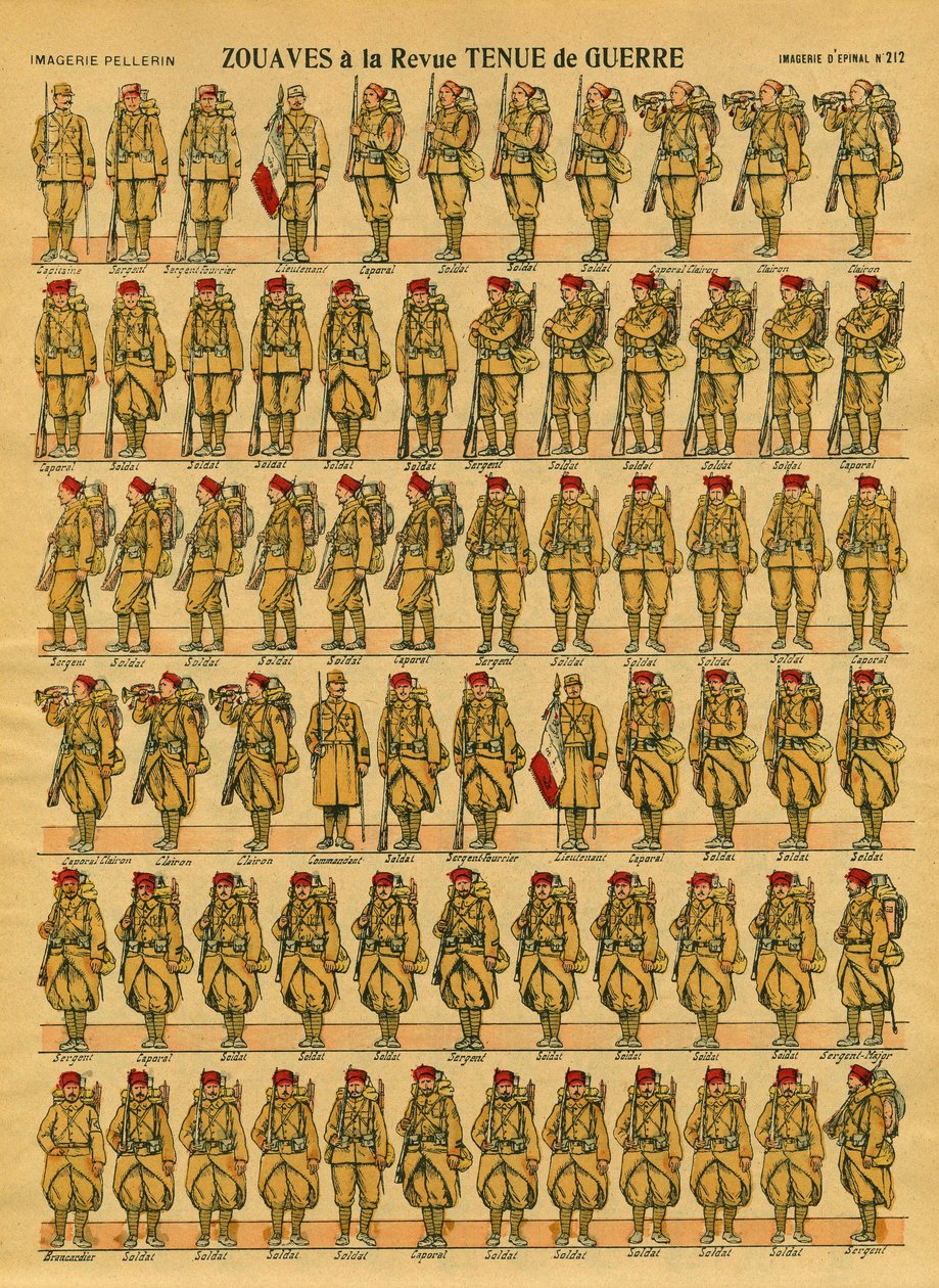 Zouaves, francuska jednostka piechoty Armee utworzona w 1830 roku przez generała Clauzela na podbój Algierii. Obrazowanie epinal autorstwa French School