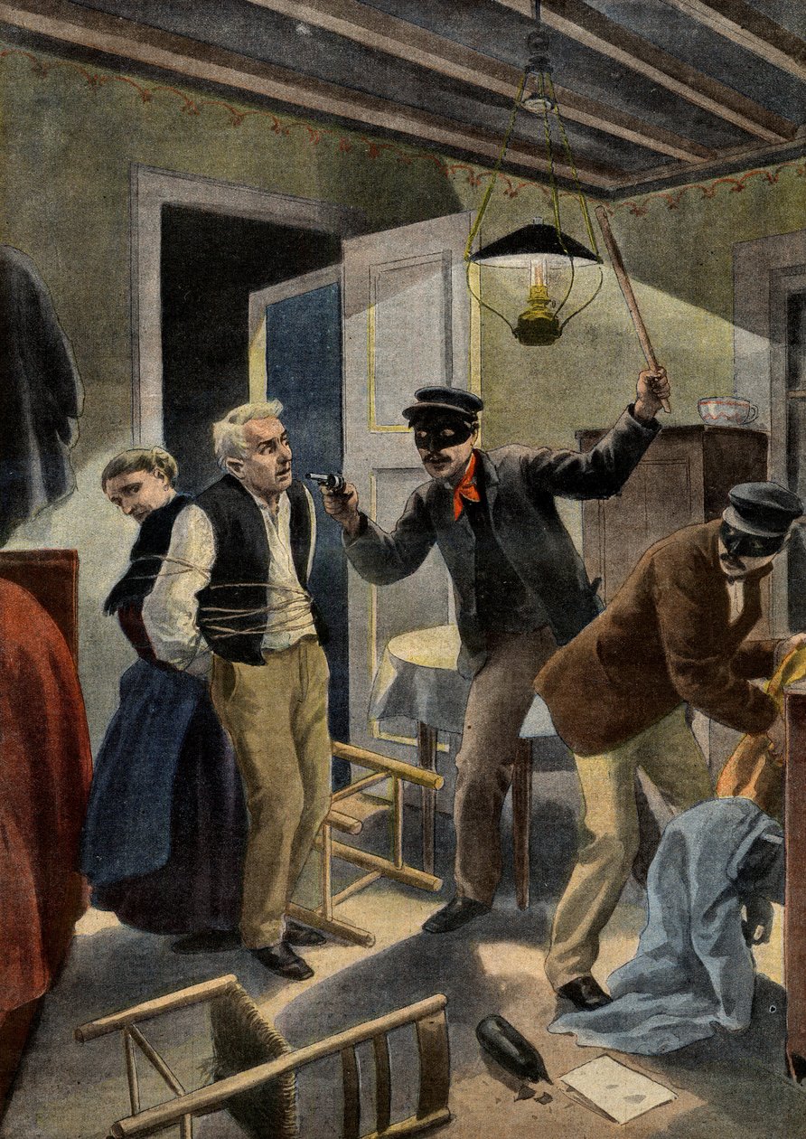 bandytyzm - Banditry - starsza para obrabowana przez zamaskowanych intruzów w ich domu w Gers we Francji. Scena bandytyzmu w gerach. Ilustracja do Le petit Journal, 26 stycznia 1902. autorstwa French School