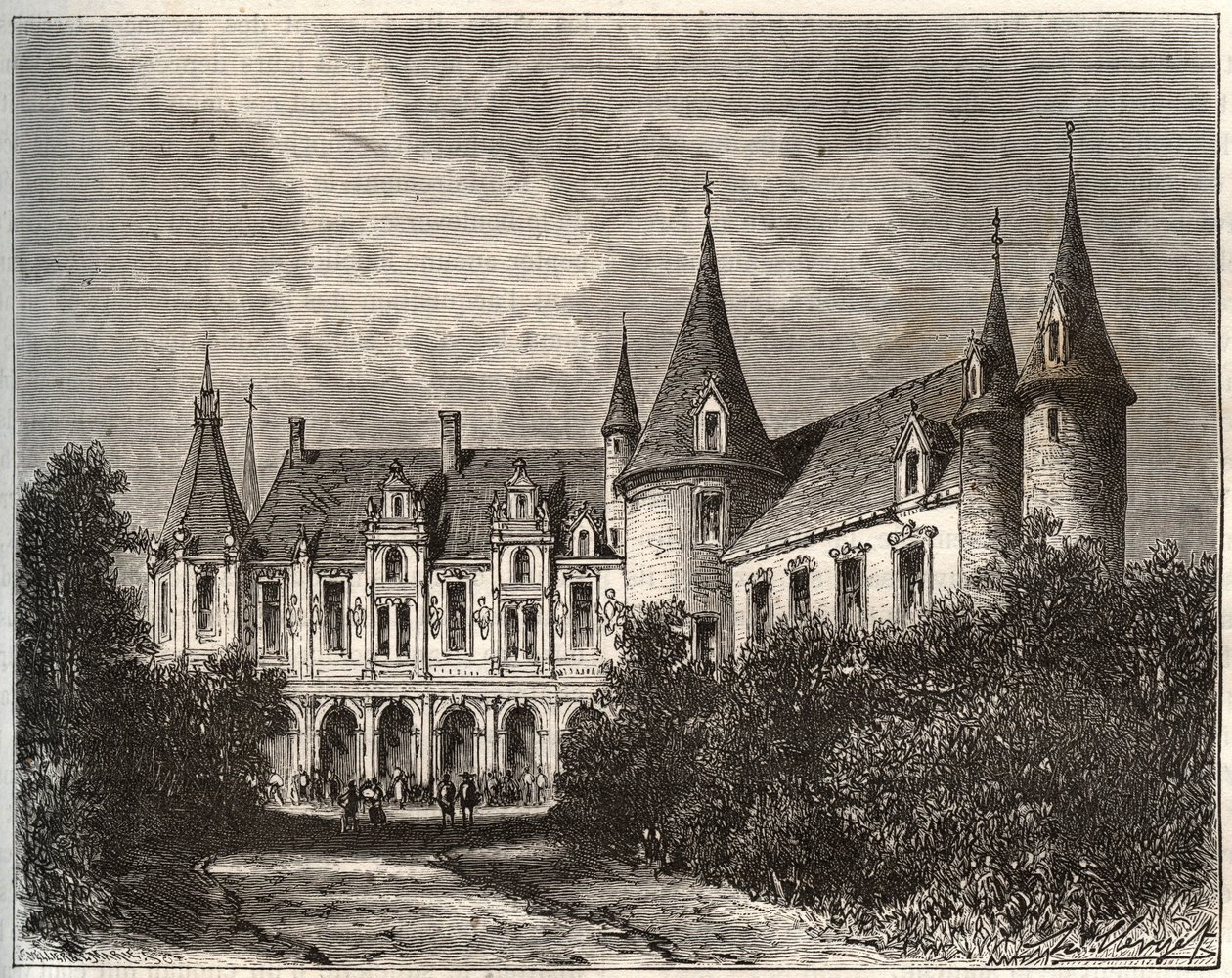 Chateau du Rocher w Mezangers w Mayenne - rycina w „La France illustrée: geografia, historia, administracja statystyczna” V.A. Malt-Browna. 1884 autorstwa French School