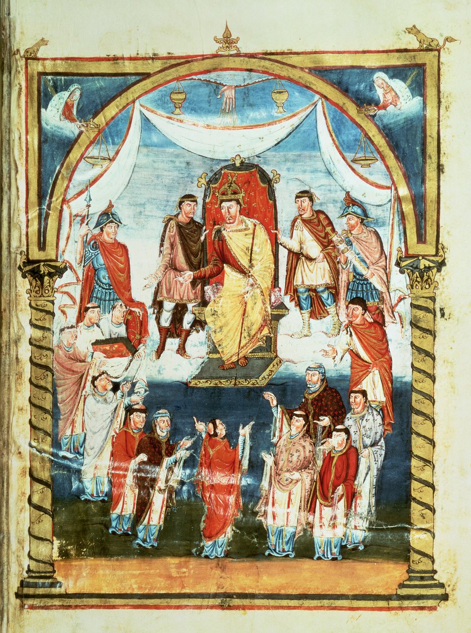 ds Lat 1 fol.423r Król Karol II Otrzymanie Biblii od hrabiego Viviana i mnichów Saint-Martin de Tours, z I Biblii Karola Łysego, c.843-51 autorstwa French School