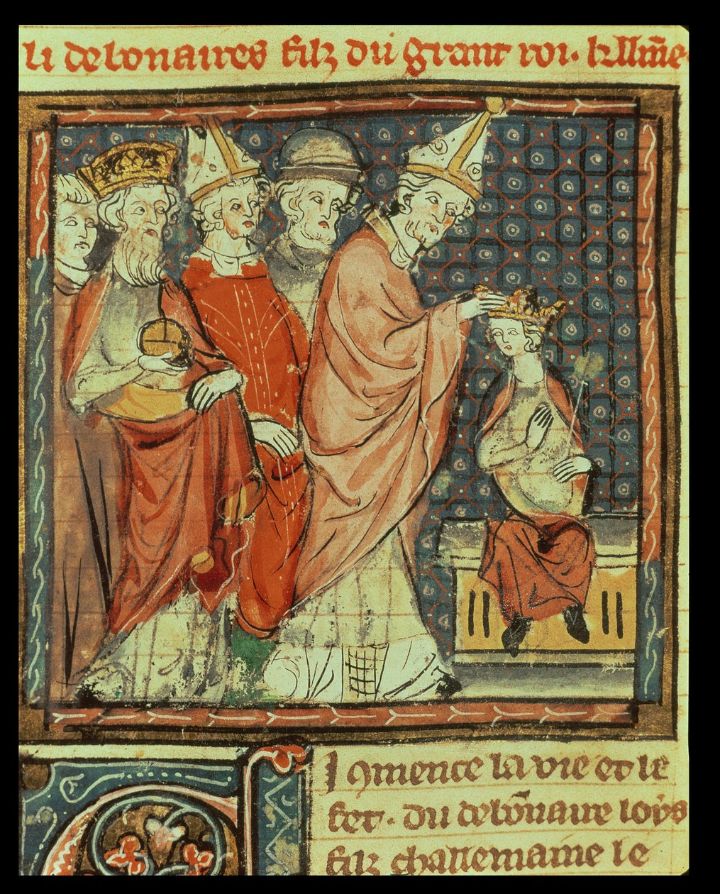 f.142r Koronacja Ludwika I Pobożnego (778-840) cesarza Świętego Cesarstwa Rzymskiego przez papieża Stefana IV (816-817) w Reims w 816, z Grandes Chroniques de France, 1375-79 autorstwa French School