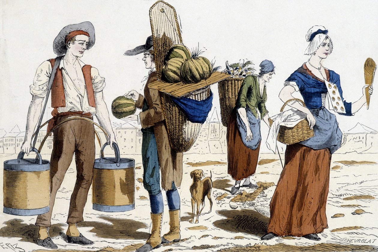 ilustracja paryskich strojów w XVIII wieku: przewoźnik wody, handlarz melonami, szyfonier, handlarz przyjemnościami. autorstwa French School
