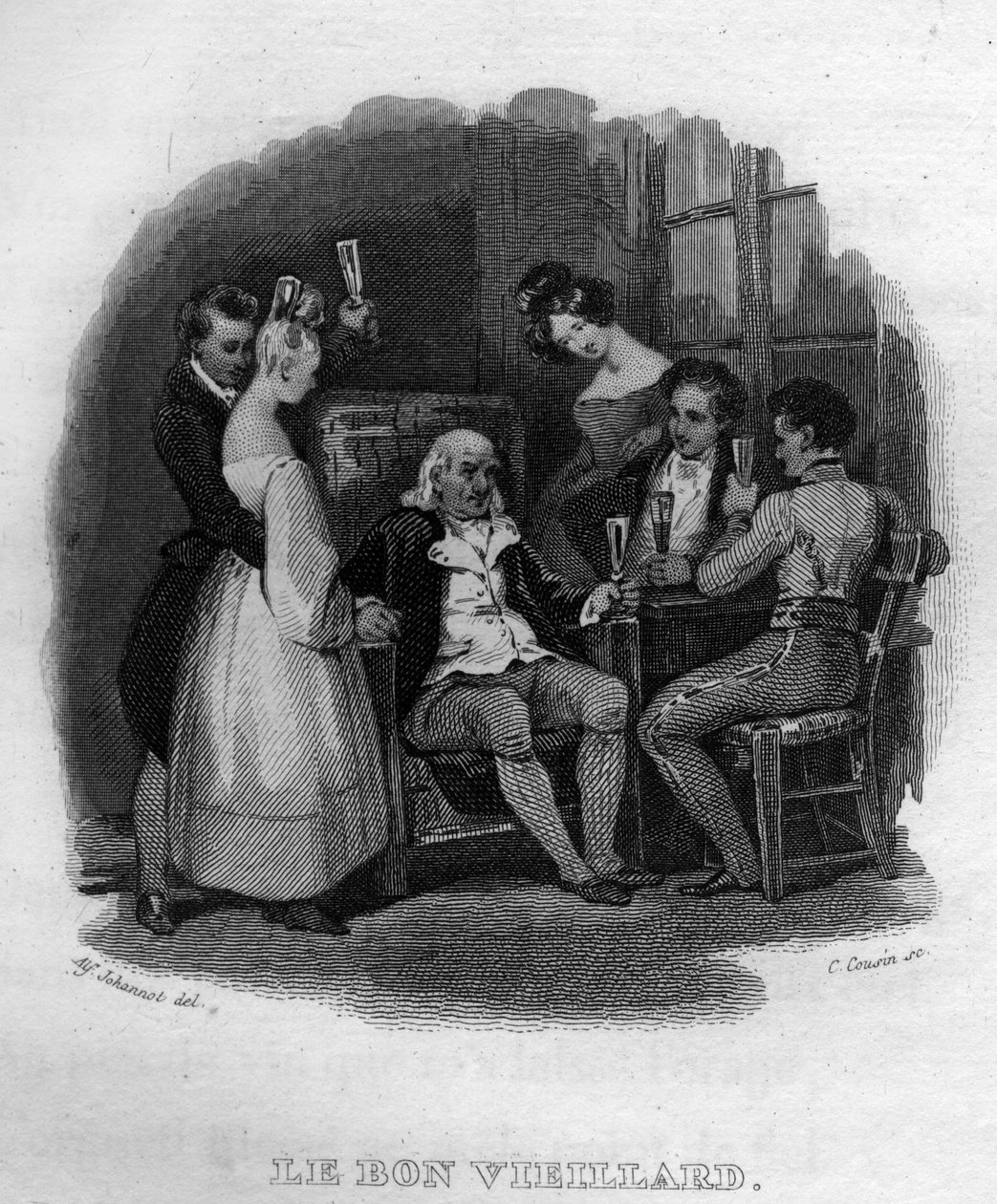 dobry staruszek Chanson de Beranger w „”Oeuvres kończy”” (1834) Pierre’a Jeana de Berangera (1780-1857), francuskiego poety i autora piosenek. autorstwa French School