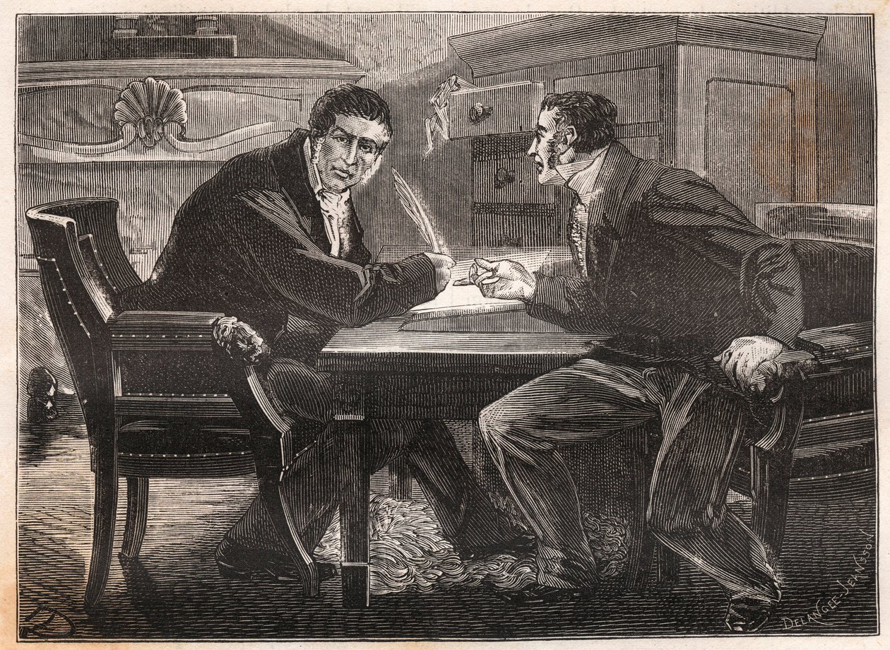 monarchia lipcowa - ministerstwo trzech dni - rozmowa Andre Dupina (1783-1865) i Jean-Charles (Jean-Charles) Persil (1785-1870) - 1834 - rycina autorstwa French School