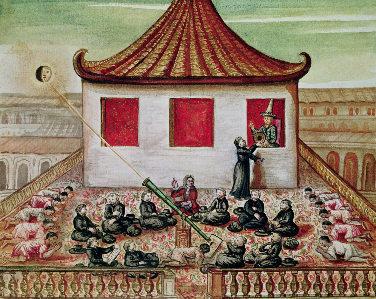 od. 59 fol.7 Zaćmienie słońca w Syjamie w 1688 roku oglądane przez misjonarzy jezuitów w obecności króla Syjamu w oknie jego pałacu, 1688 (wc na papierze) autorstwa French School