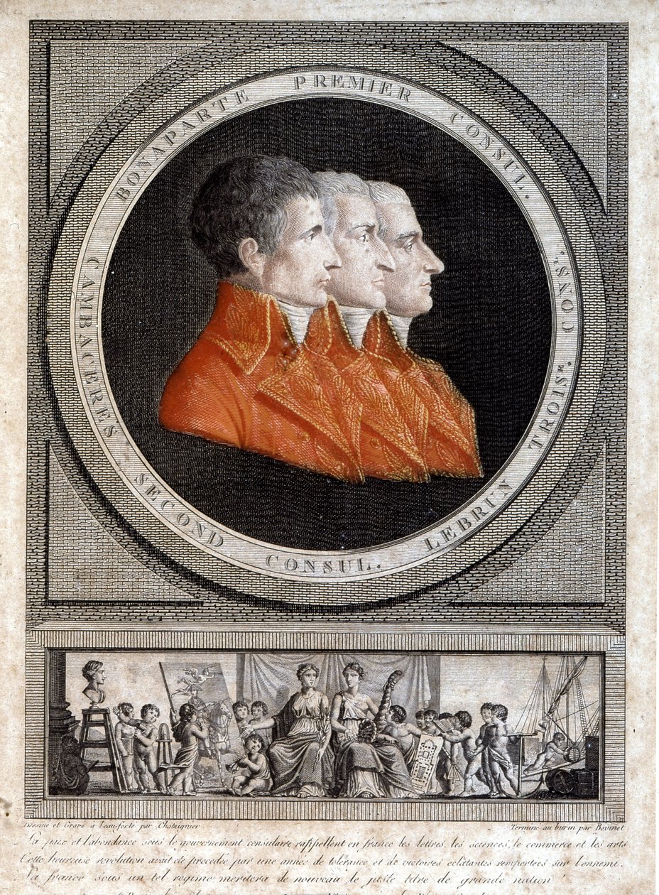 portret trzech konsulów, Napoleona Bonaparte (1769-1821), Jeana Jacques Regis (Jean-Jacques-Regis) de Cambaceres (1753-1824) i Charlesa Francois Lebruna (1739-1824)”” autorstwa French School