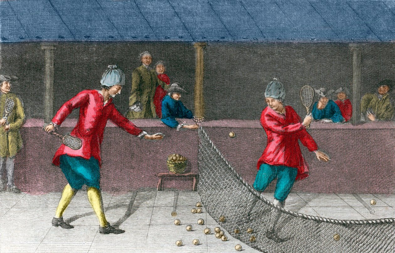 krótki prawdziwy tenis palmowy - Widok na grę w palmy w XVIII wieku autorstwa French School