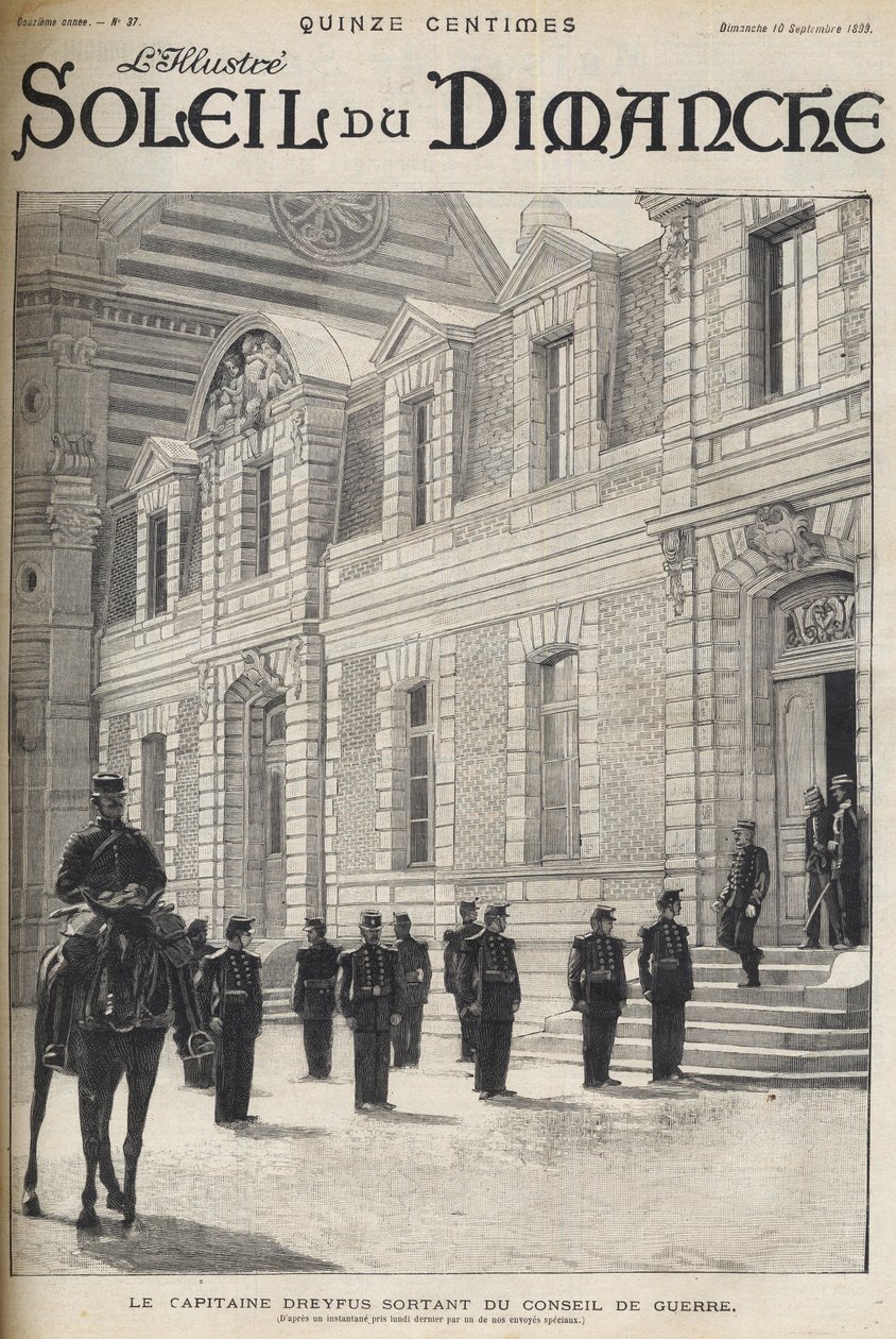 sprawa Dreyfusa - Kapitan Alfred Dreyfus odchodzi z Rady Wojennej - Sprawa Dreyfusa - Proces de Rennes - Alfred Dreyfus opuszcza Radę Wojenną (1899) - „Le soleil du diamanche”” z 1899 r. autorstwa French School