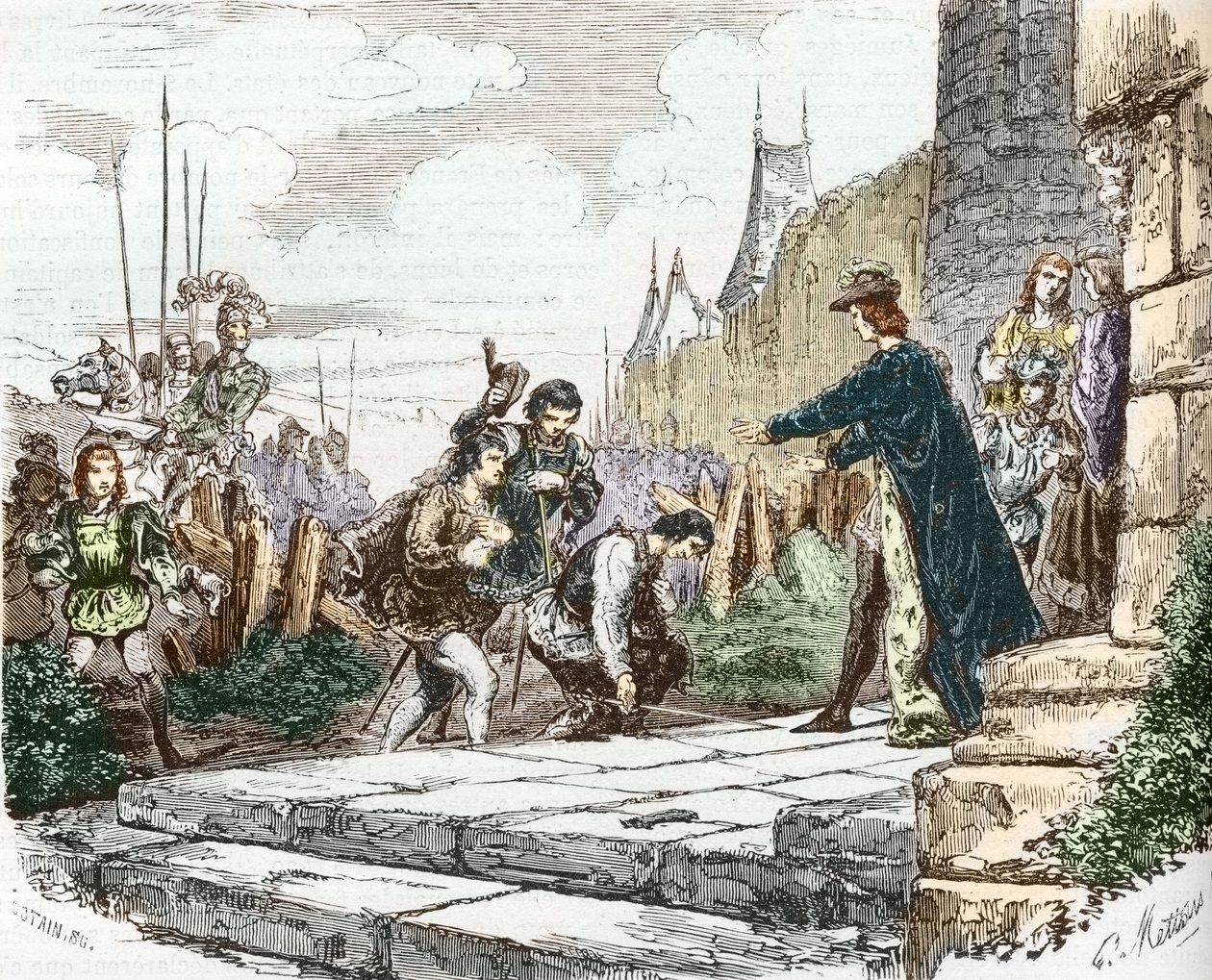 delfin Ludwik (wtedy Ludwik XI), książę Jan II z Alencon i książę Karol I Burbon proszą o przebaczenie króla Karola VII autorstwa French School