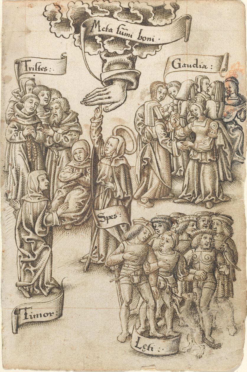 Nadzieja, Sięganie Nieba, Stoi wśród smutnych i szczęśliwych ludzi, Radości i Strachu [fot. 19 odbytu] autorstwa French early 16th Century