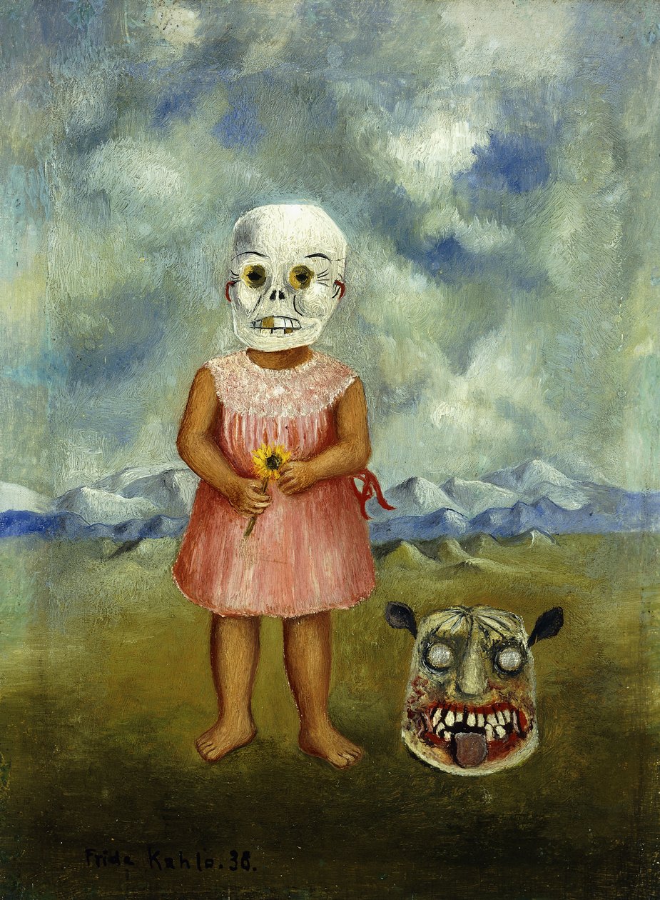 She Plays Alone lub Girl with Death Mask; Ella Juega Sola lub Nina with Mascara de la Muerte autorstwa Frida Kahlo