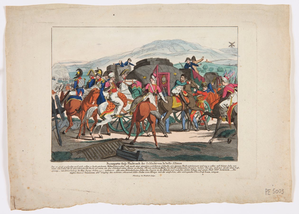 Ucieczka Napoleona z bitwy pod Waterloo, 1815 (akwaforta barwna) autorstwa Friedrich Campe