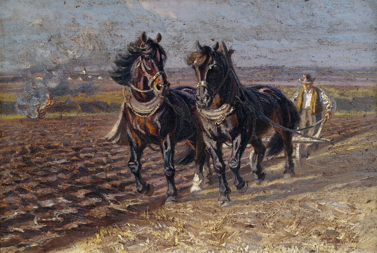 Dwa czarne konie przy pługu autorstwa Friedrich Eckenfelder