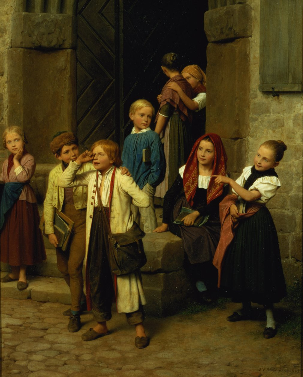 Dzieci w wieku szkolnym oglądają płacz chłopca, 1861 autorstwa Friedrich Edouard Meyerheim