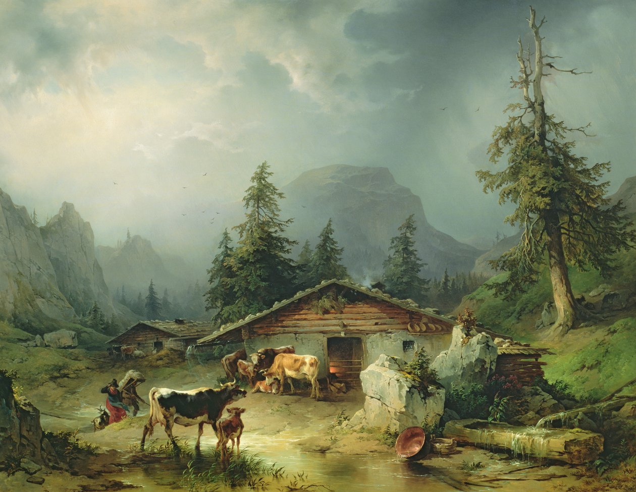 Chata alpejska w deszczowej pogodzie, 1850 autorstwa Friedrich Gauermann