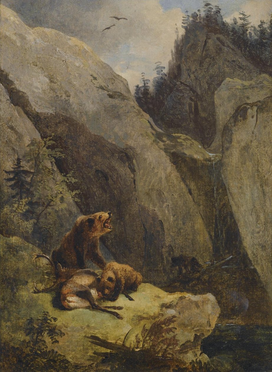Niedźwiedzie tną jelenia autorstwa Friedrich Gauermann