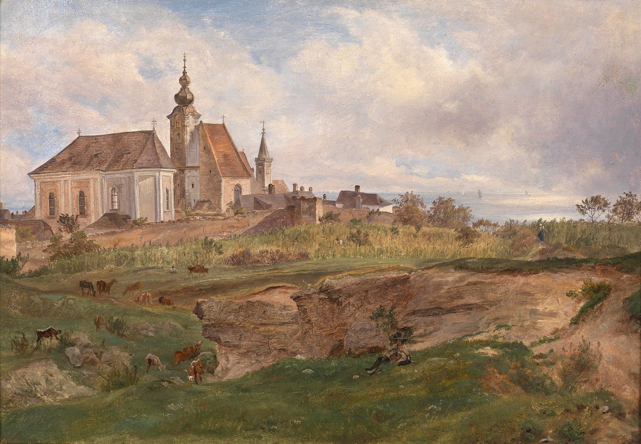 Widok na Fischerkirche w Rust nad jeziorem Neusiedl autorstwa Friedrich Loos