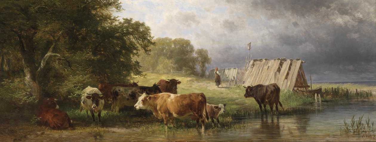 Reszta stada krów na brzegu jeziora autorstwa Friedrich Johann Voltz