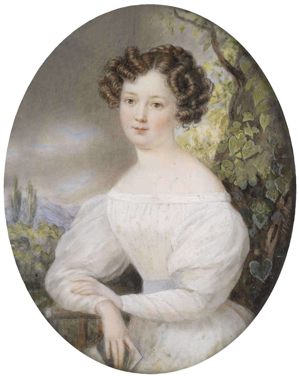 Portret młodej kobiety w białej sukni, siedzącej w krajobrazie autorstwa Friedrich Wailand