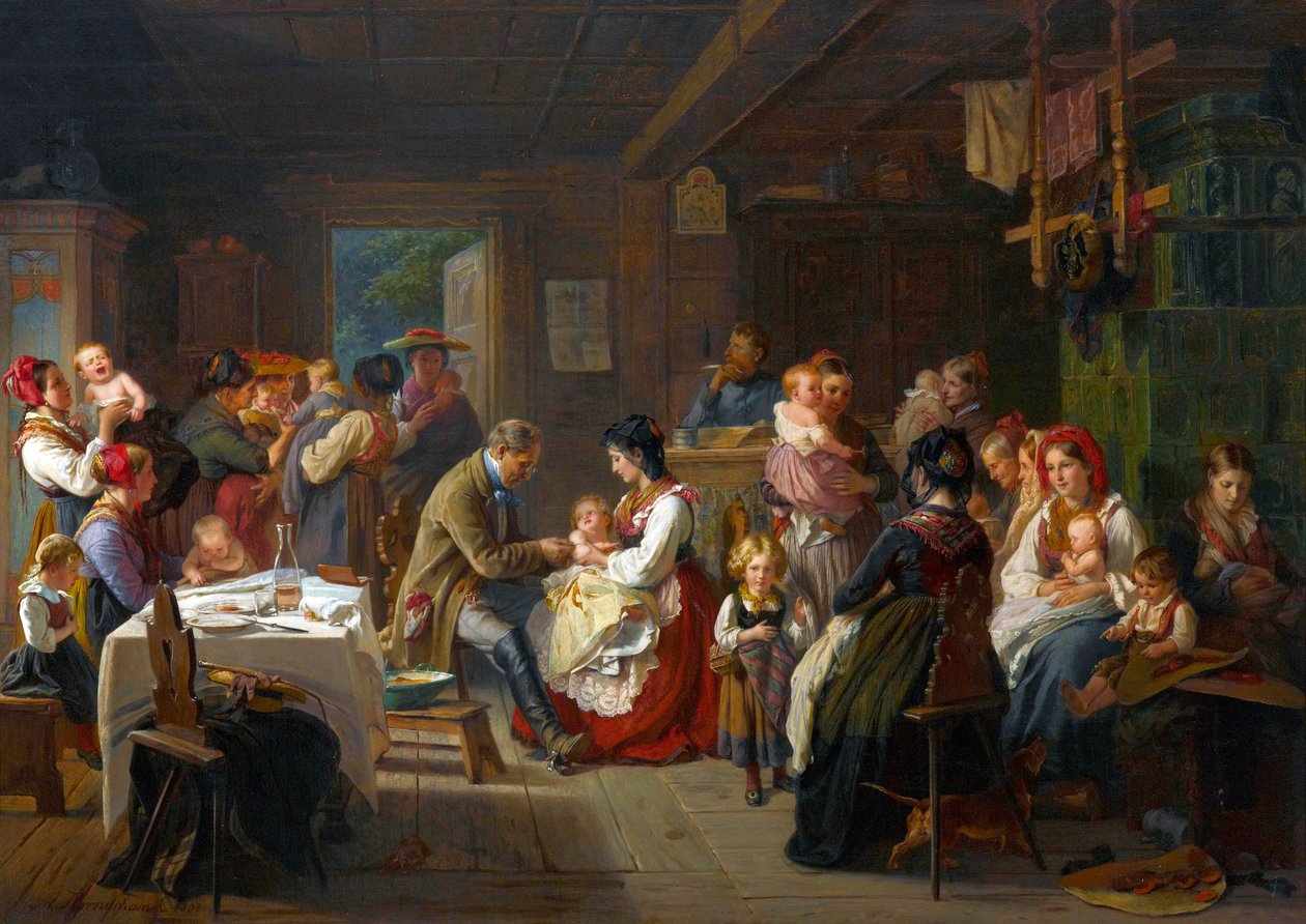 Vaccination contre la variole a la campagne - Szczepienie przeciwko ospie na wsi - Friedrich Adolph Hornemann (1813-1890). olej na płótnie autorstwa Friedrich Adolph Hornemann