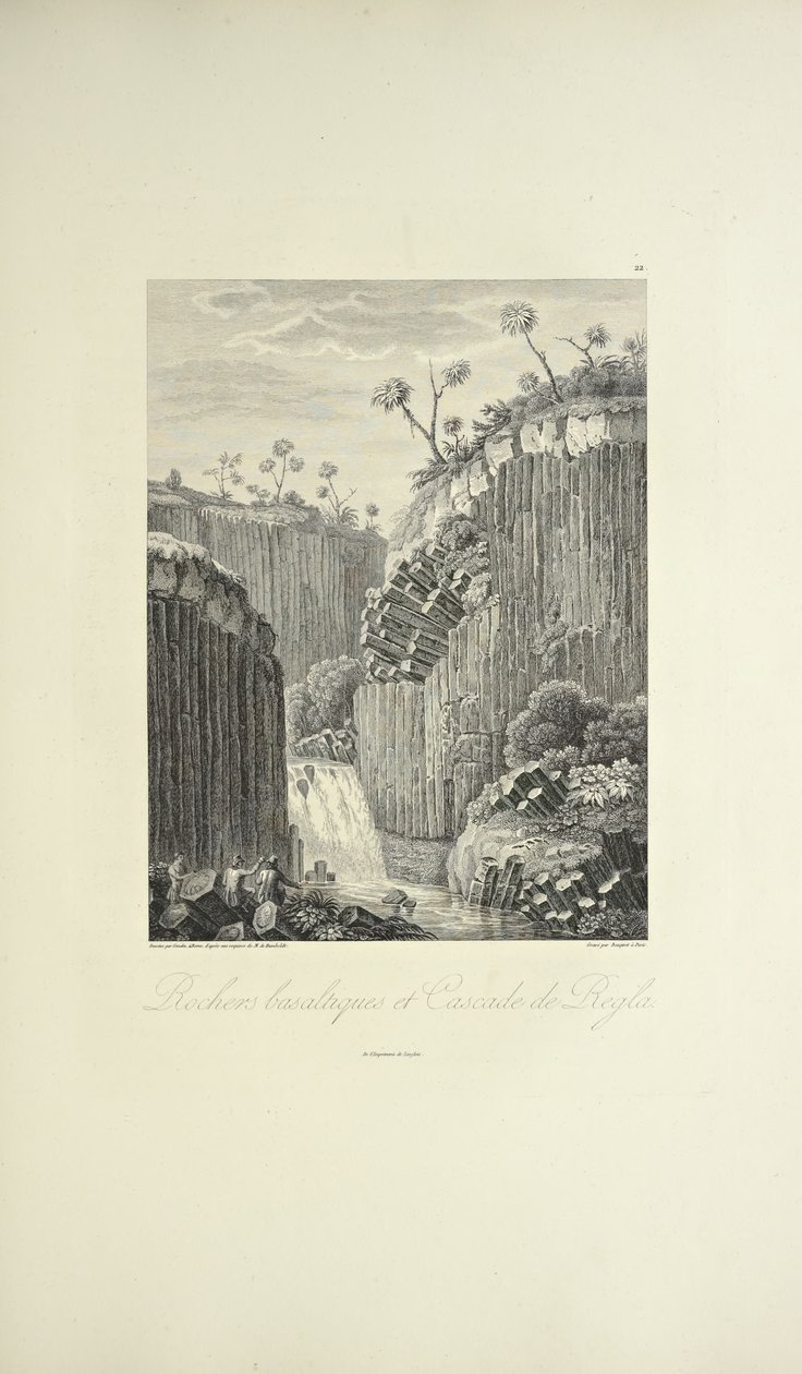 Basalt Rocks and the Cascade de Regla, rysowany przez Gmelina, grawerowany przez Bouquet, ilustracja z „Widoki na Kordyliery i pomniki rdzennych ludów Ameryki” autorstwa Alexandra von Humboldta i Aime Bonplanda autorstwa Friedrich Alexander Baron von (after) Humboldt